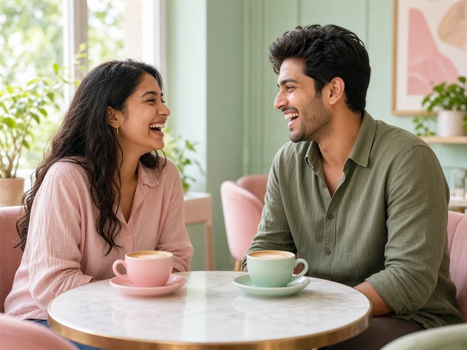 Couple laughing on a coffee date